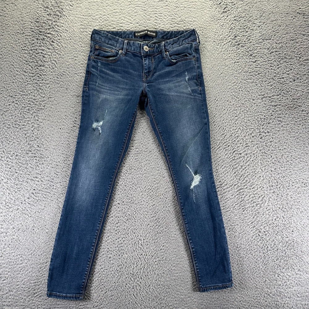 Express Jeans Womens 2 Blue Cotton Denim Jegging Distressed Faded Travel Stretch